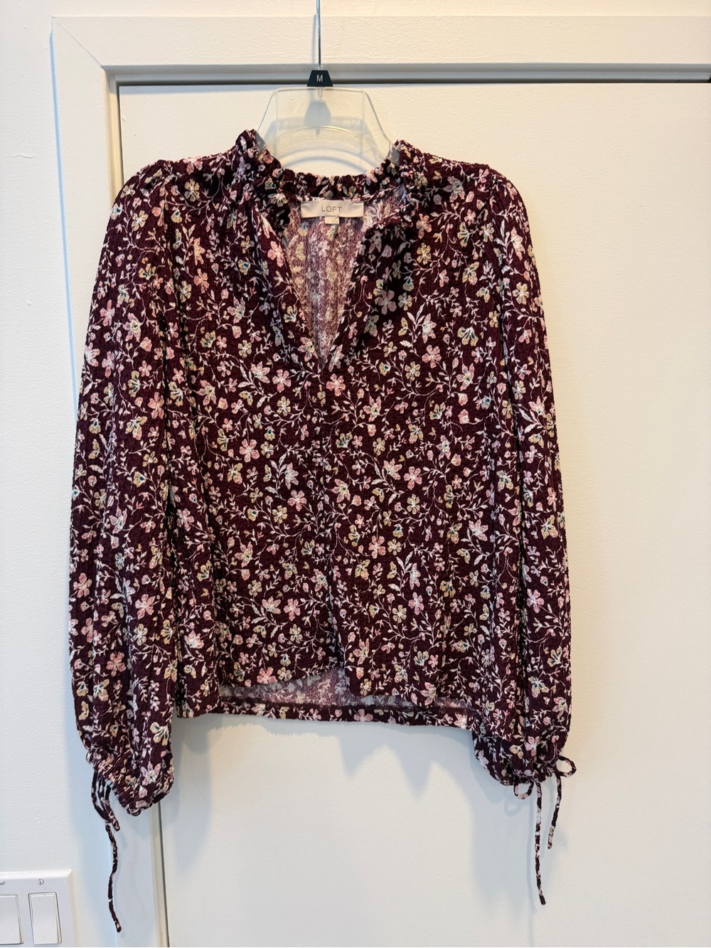 LOFT Burgundy Floral Ruffle-Neck Long Sleeve Blouse